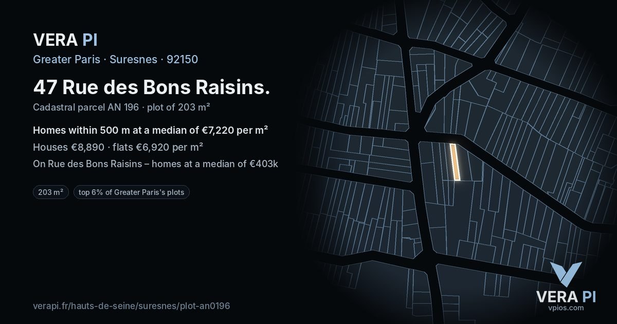 47 Rue des Bons Raisins, Suresnes at night – the plot lit, the parcels around coloured by the prices near them