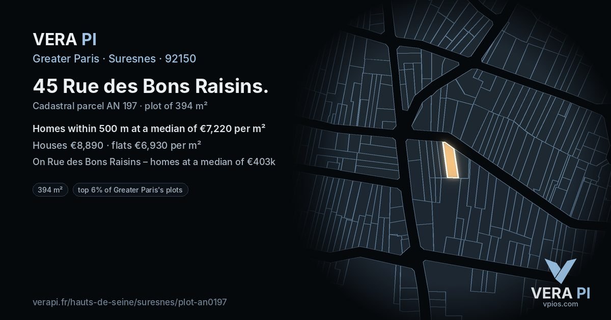 45 Rue des Bons Raisins, Suresnes at night – the plot lit, the parcels around coloured by the prices near them