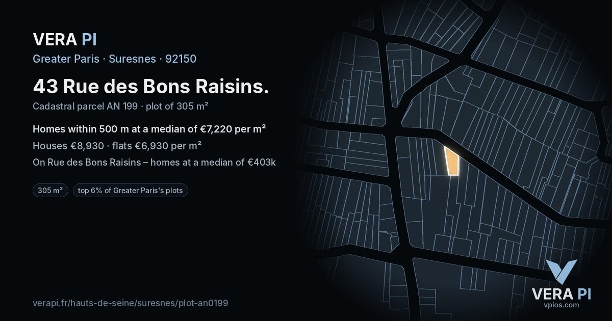 43 Rue des Bons Raisins, Suresnes at night – the plot lit, the parcels around coloured by the prices near them