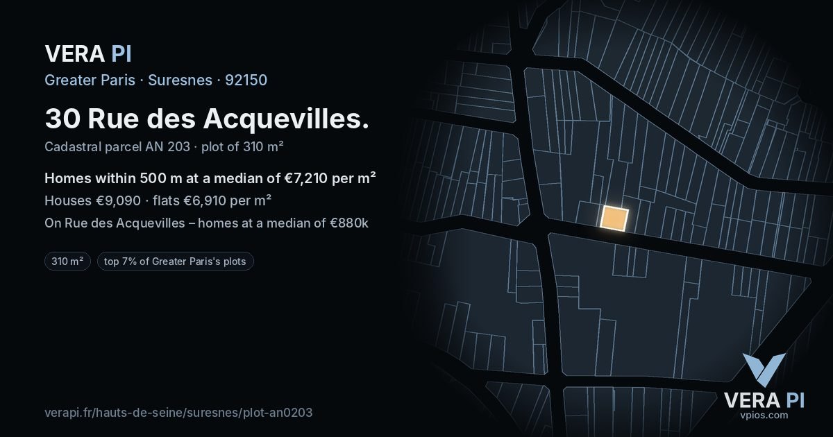 30 Rue des Acquevilles, Suresnes at night – the plot lit, the parcels around coloured by the prices near them