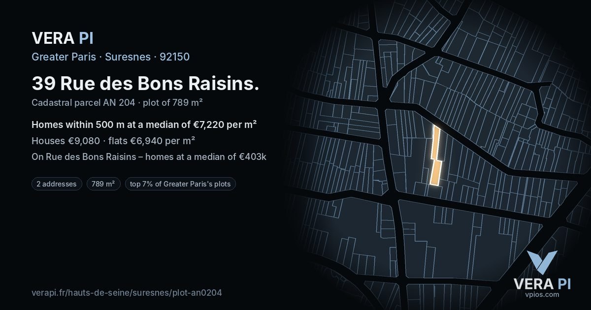 39 Rue des Bons Raisins, Suresnes at night – the plot lit, the parcels around coloured by the prices near them