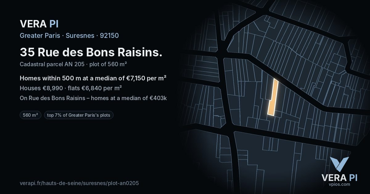 35 Rue des Bons Raisins, Suresnes at night – the plot lit, the parcels around coloured by the prices near them