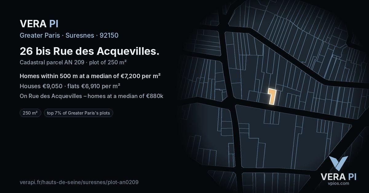 26 bis Rue des Acquevilles, Suresnes at night – the plot lit, the parcels around coloured by the prices near them