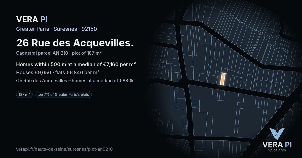 26 Rue des Acquevilles, Suresnes at night – the plot lit, the parcels around coloured by the prices near them