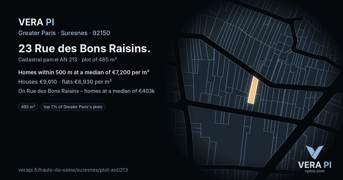 23 Rue des Bons Raisins, Suresnes at night – the plot lit, the parcels around coloured by the prices near them