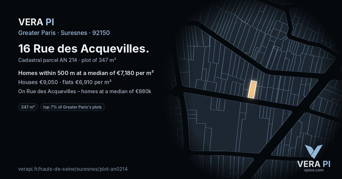 16 Rue des Acquevilles, Suresnes at night – the plot lit, the parcels around coloured by the prices near them
