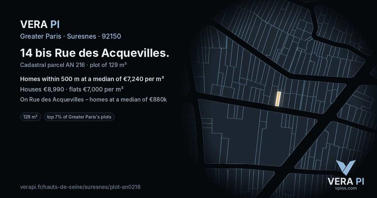 14 bis Rue des Acquevilles, Suresnes at night – the plot lit, the parcels around coloured by the prices near them
