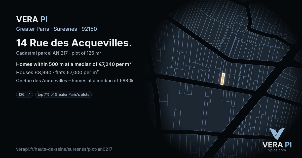 14 Rue des Acquevilles, Suresnes at night – the plot lit, the parcels around coloured by the prices near them