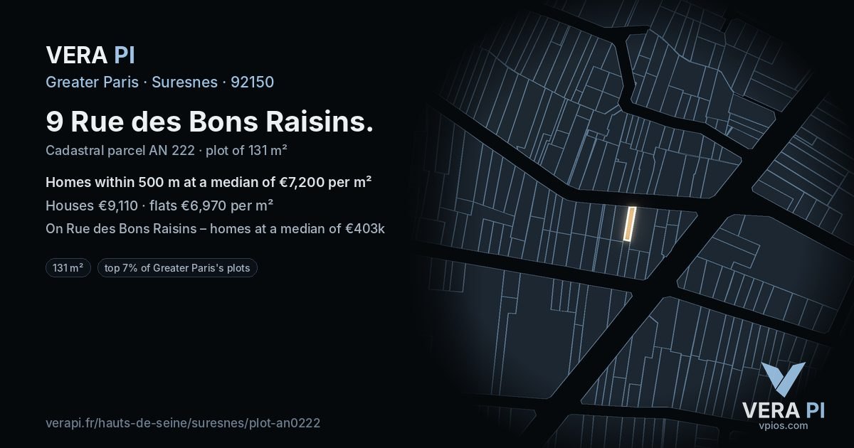 9 Rue des Bons Raisins, Suresnes at night – the plot lit, the parcels around coloured by the prices near them