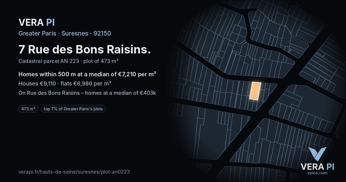 7 Rue des Bons Raisins, Suresnes at night – the plot lit, the parcels around coloured by the prices near them