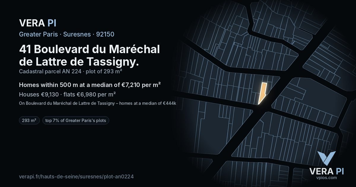 41 Boulevard du Maréchal de Lattre de Tassigny, Suresnes at night – the plot lit, the parcels around coloured by the prices near them