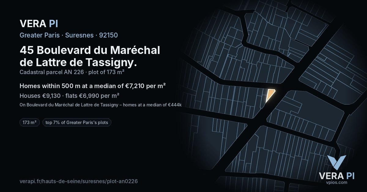 45 Boulevard du Maréchal de Lattre de Tassigny, Suresnes at night – the plot lit, the parcels around coloured by the prices near them