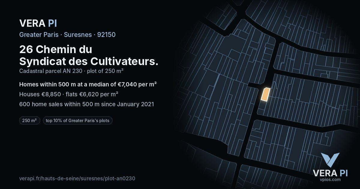26 Chemin du Syndicat des Cultivateurs, Suresnes at night – the plot lit, the parcels around coloured by the prices near them