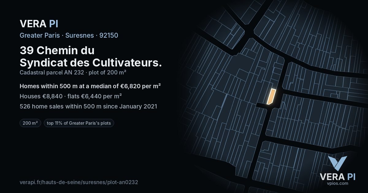 39 Chemin du Syndicat des Cultivateurs, Suresnes at night – the plot lit, the parcels around coloured by the prices near them