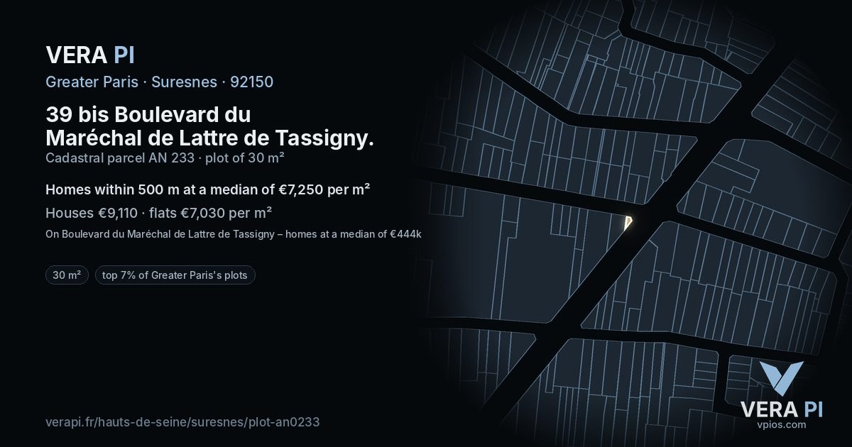 39 bis Boulevard du Maréchal de Lattre de Tassigny, Suresnes at night – the plot lit, the parcels around coloured by the prices near them