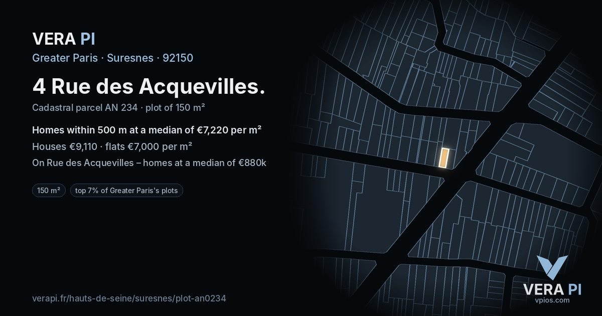 4 Rue des Acquevilles, Suresnes at night – the plot lit, the parcels around coloured by the prices near them