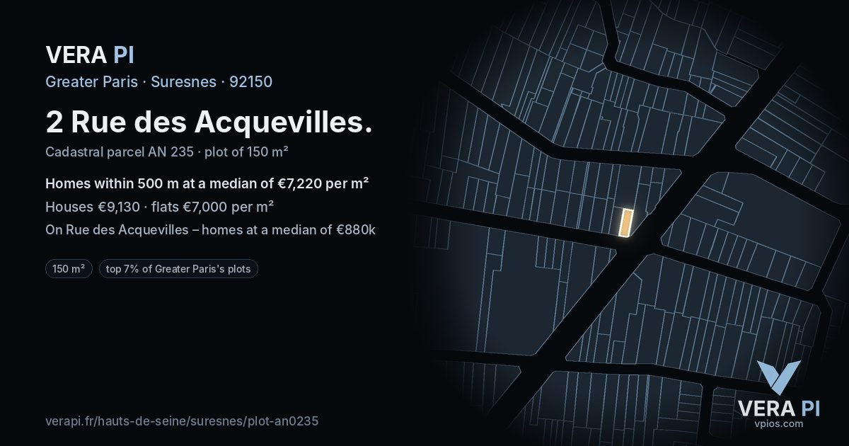 2 Rue des Acquevilles, Suresnes at night – the plot lit, the parcels around coloured by the prices near them