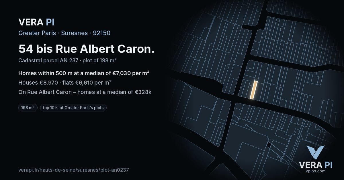 54 bis Rue Albert Caron, Suresnes at night – the plot lit, the parcels around coloured by the prices near them