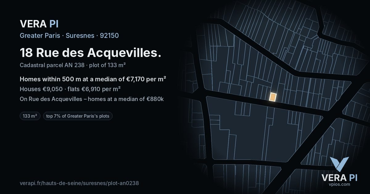 18 Rue des Acquevilles, Suresnes at night – the plot lit, the parcels around coloured by the prices near them
