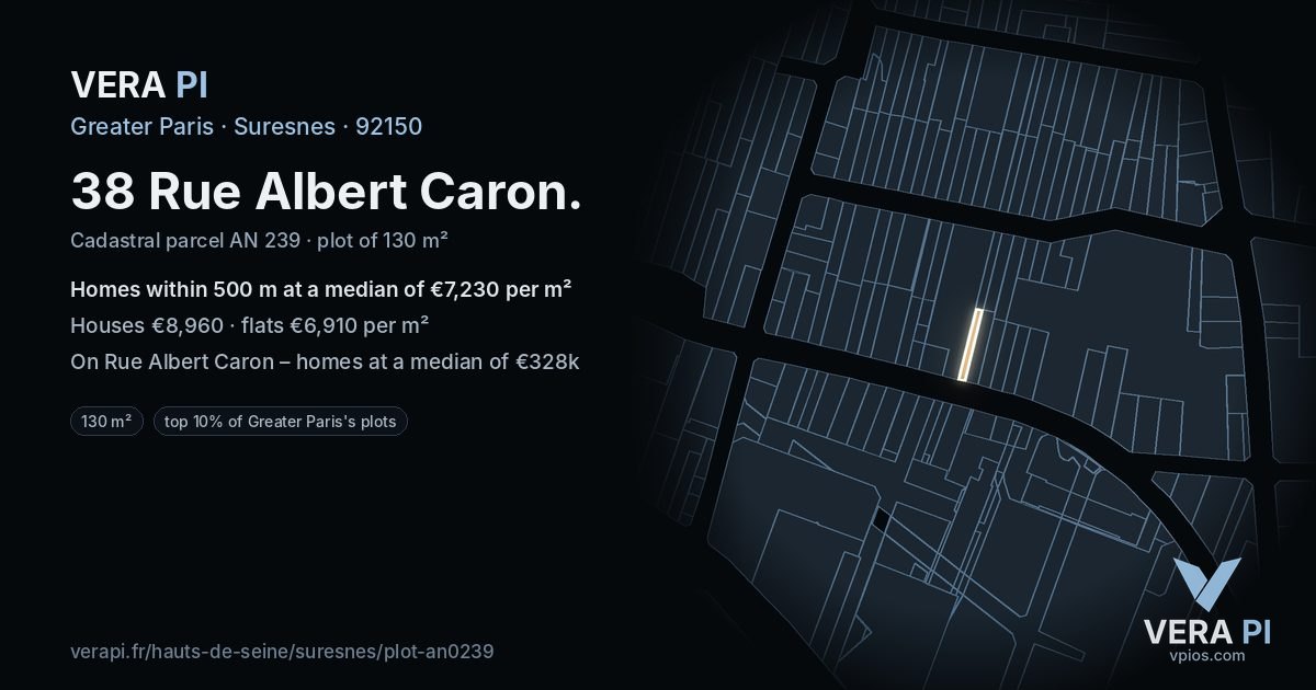 38 Rue Albert Caron, Suresnes at night – the plot lit, the parcels around coloured by the prices near them