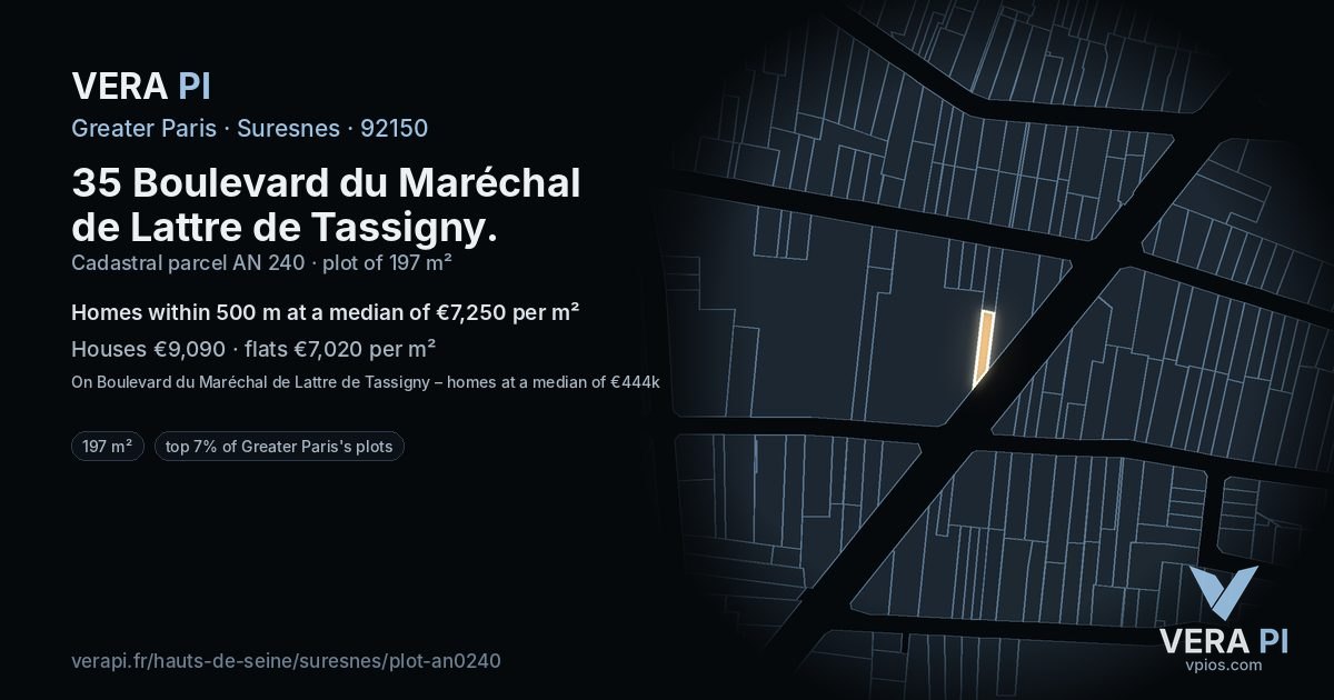 35 Boulevard du Maréchal de Lattre de Tassigny, Suresnes at night – the plot lit, the parcels around coloured by the prices near them