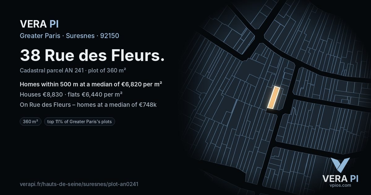 38 Rue des Fleurs, Suresnes at night – the plot lit, the parcels around coloured by the prices near them