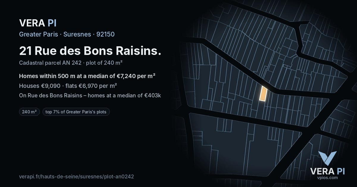 21 Rue des Bons Raisins, Suresnes at night – the plot lit, the parcels around coloured by the prices near them