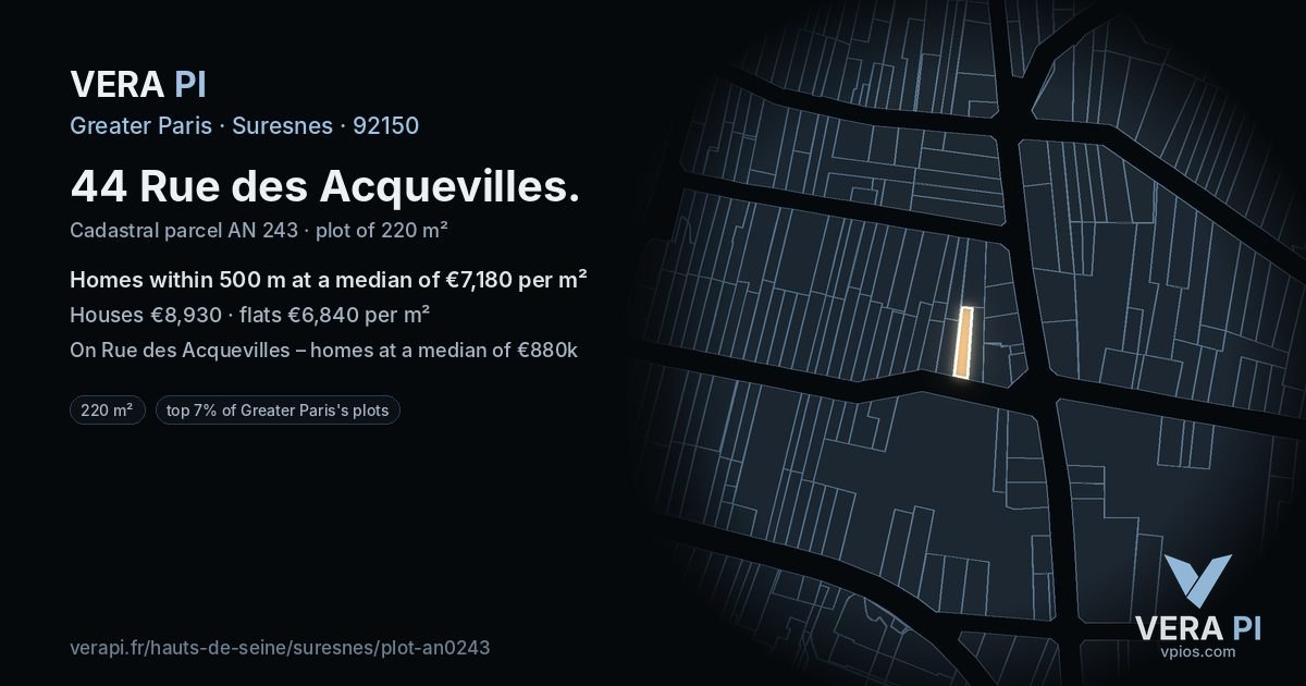 44 Rue des Acquevilles, Suresnes at night – the plot lit, the parcels around coloured by the prices near them