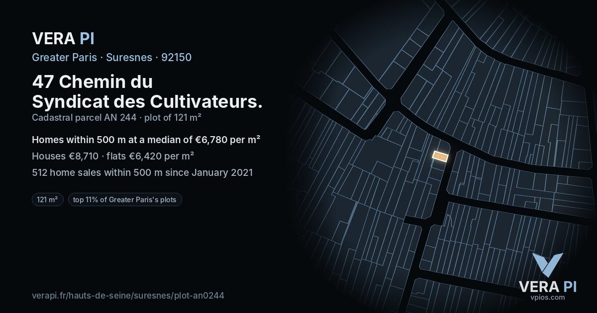 47 Chemin du Syndicat des Cultivateurs, Suresnes at night – the plot lit, the parcels around coloured by the prices near them