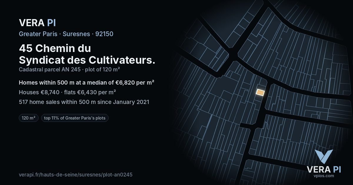 45 Chemin du Syndicat des Cultivateurs, Suresnes at night – the plot lit, the parcels around coloured by the prices near them