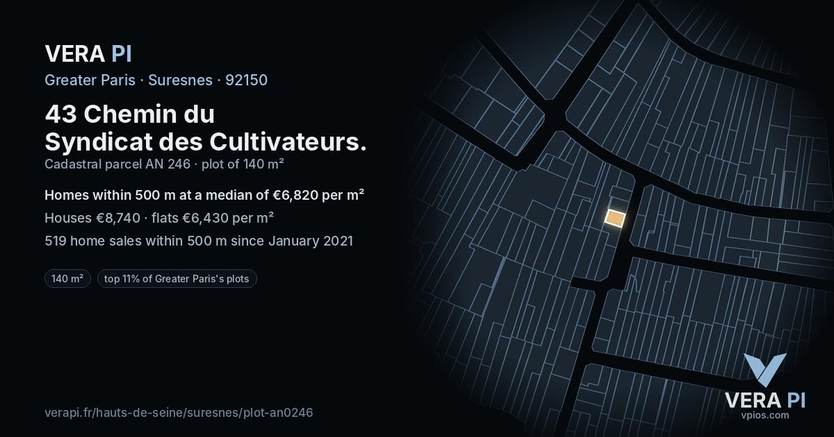 43 Chemin du Syndicat des Cultivateurs, Suresnes at night – the plot lit, the parcels around coloured by the prices near them