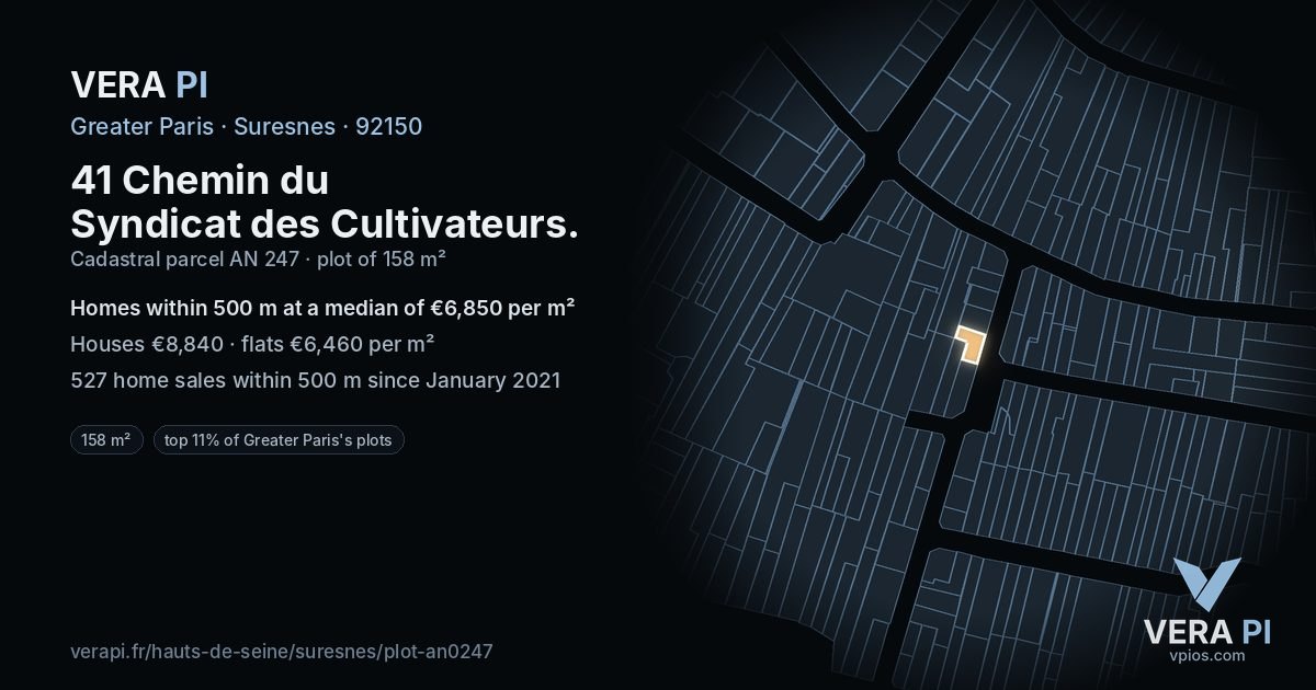 41 Chemin du Syndicat des Cultivateurs, Suresnes at night – the plot lit, the parcels around coloured by the prices near them
