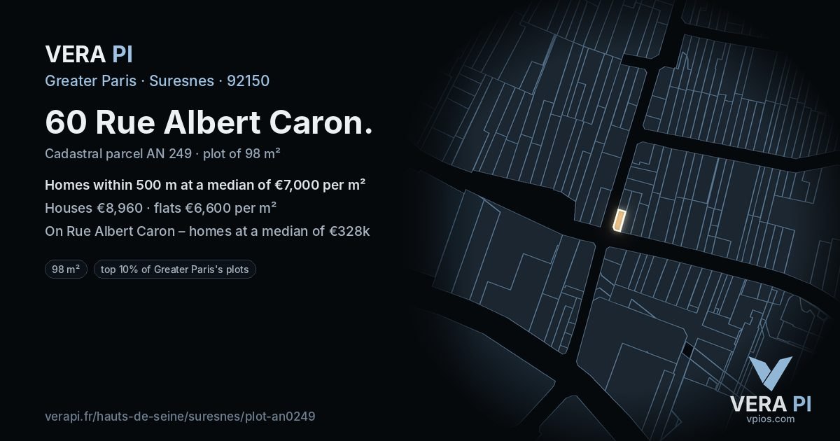 60 Rue Albert Caron, Suresnes at night – the plot lit, the parcels around coloured by the prices near them