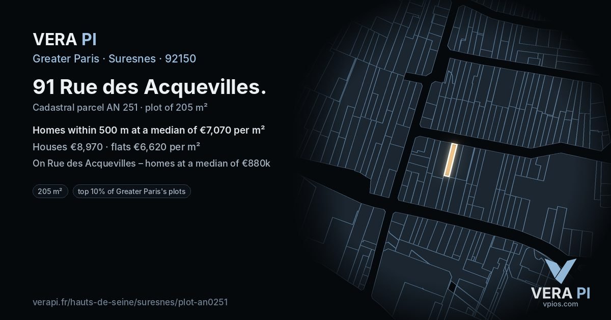 91 Rue des Acquevilles, Suresnes at night – the plot lit, the parcels around coloured by the prices near them