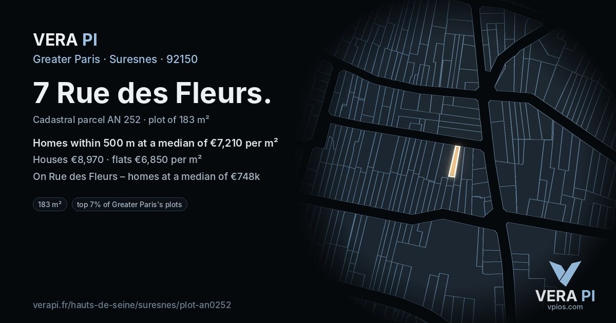 7 Rue des Fleurs, Suresnes at night – the plot lit, the parcels around coloured by the prices near them