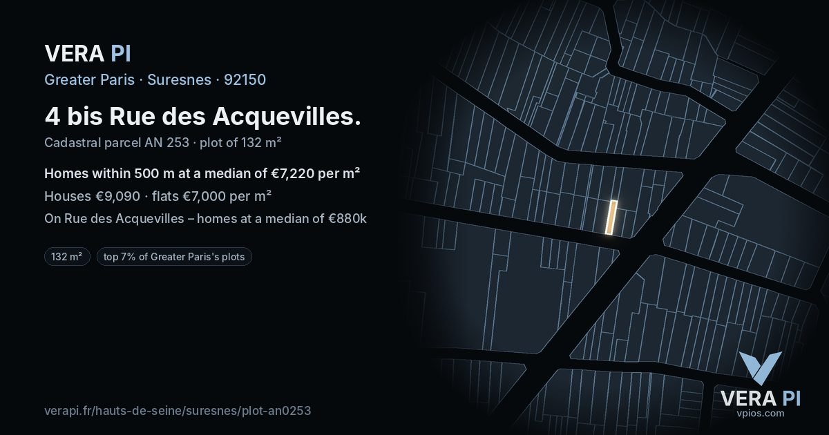 4 bis Rue des Acquevilles, Suresnes at night – the plot lit, the parcels around coloured by the prices near them