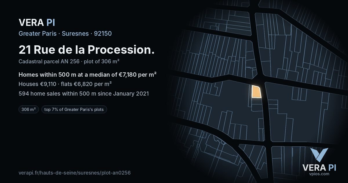 21 Rue de la Procession, Suresnes at night – the plot lit, the parcels around coloured by the prices near them