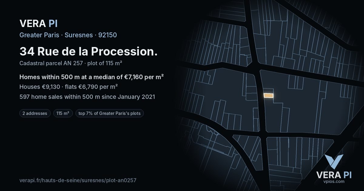 34 Rue de la Procession, Suresnes at night – the plot lit, the parcels around coloured by the prices near them