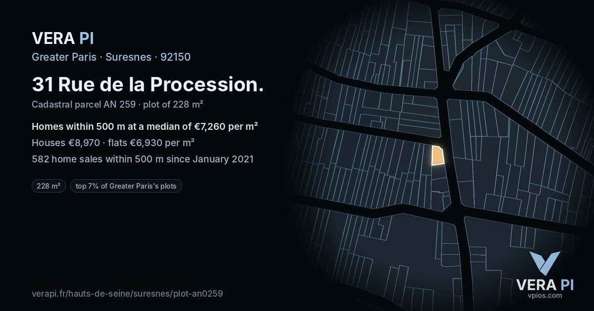 31 Rue de la Procession, Suresnes at night – the plot lit, the parcels around coloured by the prices near them