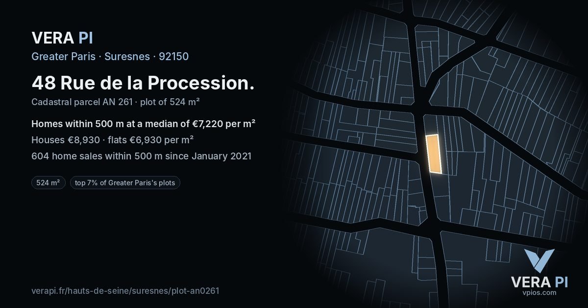 48 Rue de la Procession, Suresnes at night – the plot lit, the parcels around coloured by the prices near them