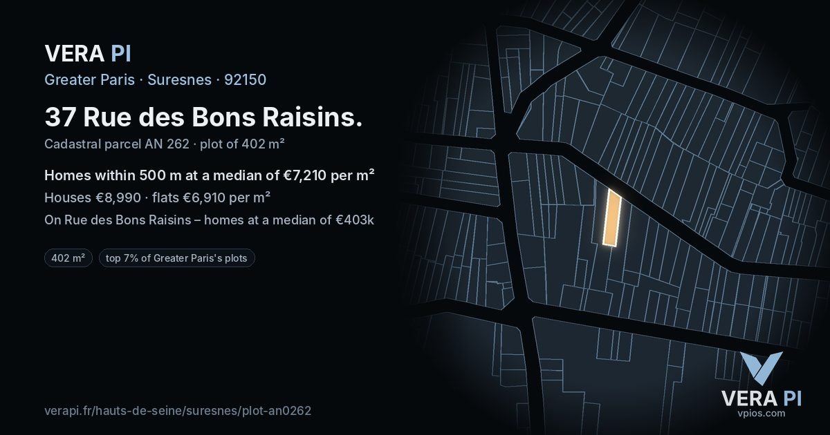 37 Rue des Bons Raisins, Suresnes at night – the plot lit, the parcels around coloured by the prices near them