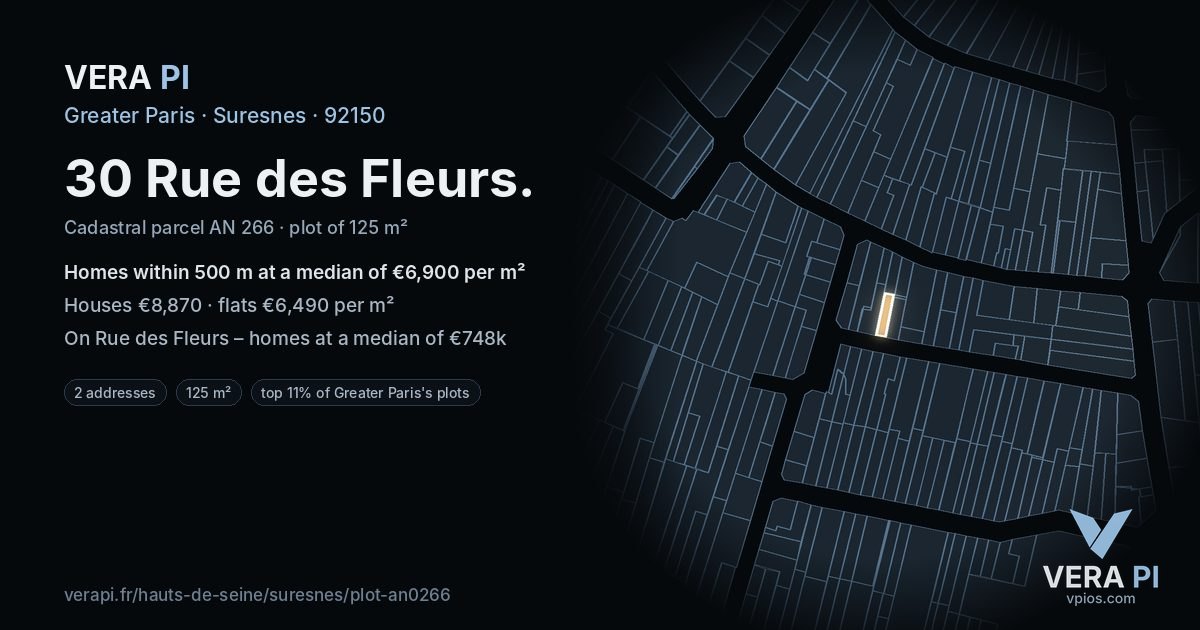 30 Rue des Fleurs, Suresnes at night – the plot lit, the parcels around coloured by the prices near them