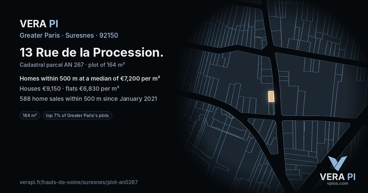 13 Rue de la Procession, Suresnes at night – the plot lit, the parcels around coloured by the prices near them