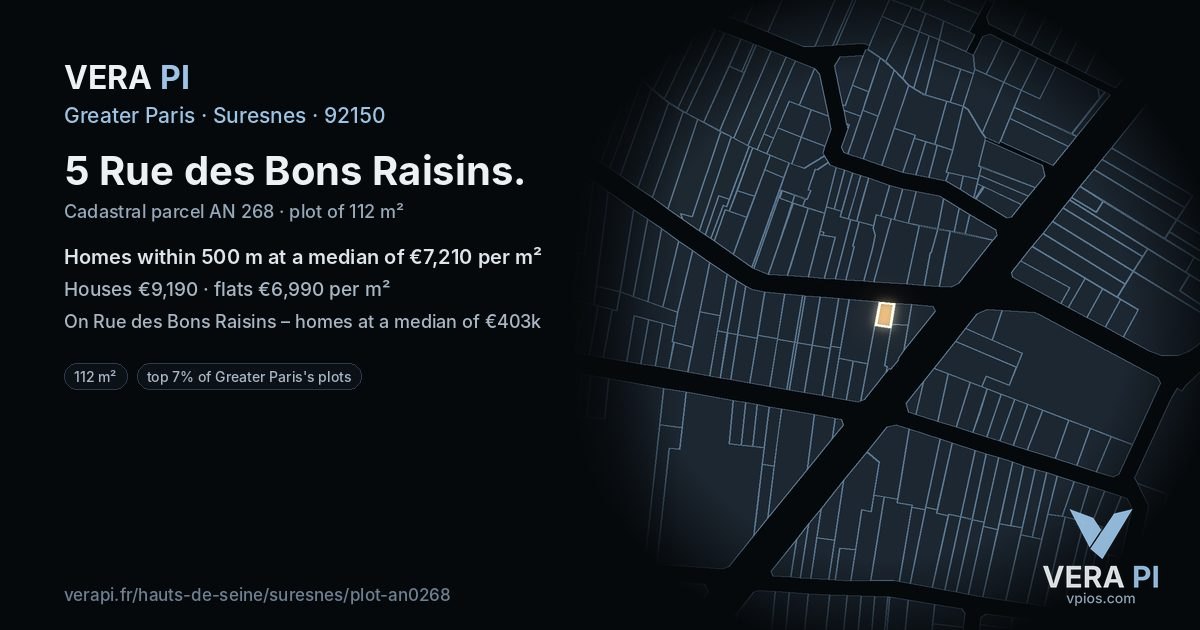 5 Rue des Bons Raisins, Suresnes at night – the plot lit, the parcels around coloured by the prices near them
