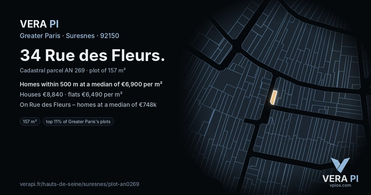 34 Rue des Fleurs, Suresnes at night – the plot lit, the parcels around coloured by the prices near them