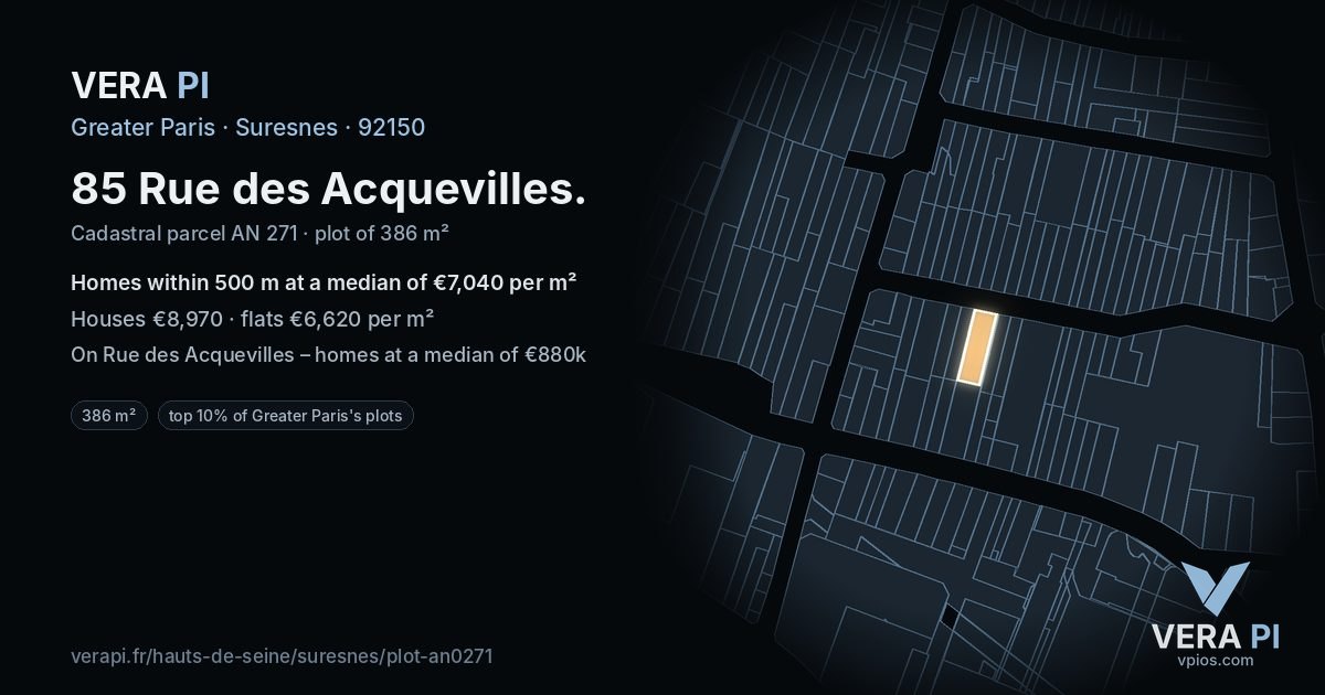 85 Rue des Acquevilles, Suresnes at night – the plot lit, the parcels around coloured by the prices near them