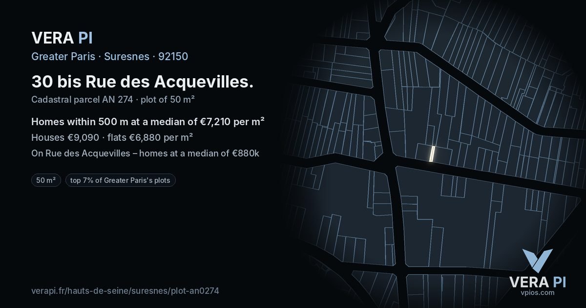 30 bis Rue des Acquevilles, Suresnes at night – the plot lit, the parcels around coloured by the prices near them