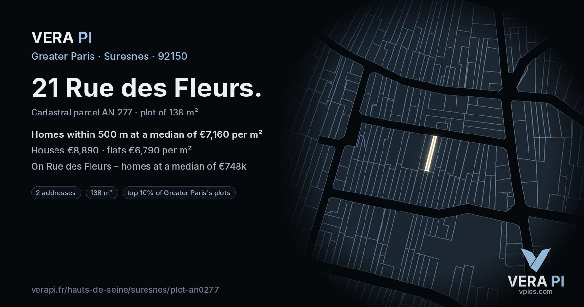 21 Rue des Fleurs, Suresnes at night – the plot lit, the parcels around coloured by the prices near them