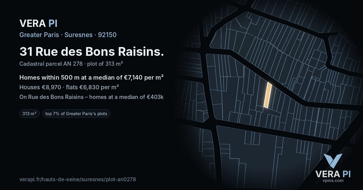 31 Rue des Bons Raisins, Suresnes at night – the plot lit, the parcels around coloured by the prices near them