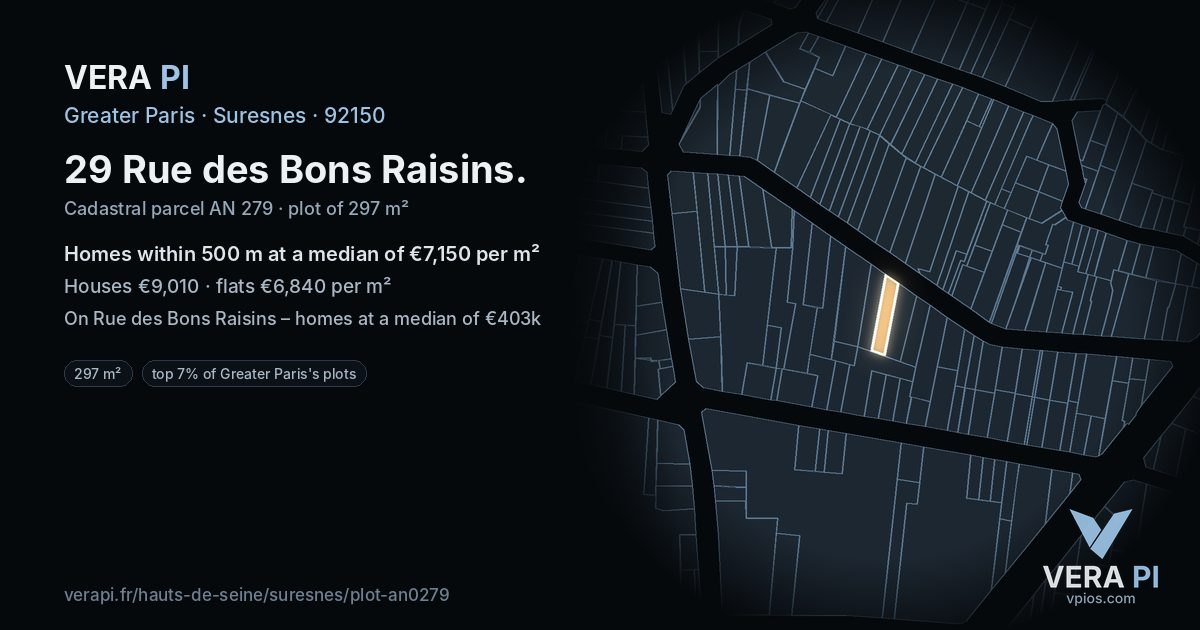 29 Rue des Bons Raisins, Suresnes at night – the plot lit, the parcels around coloured by the prices near them